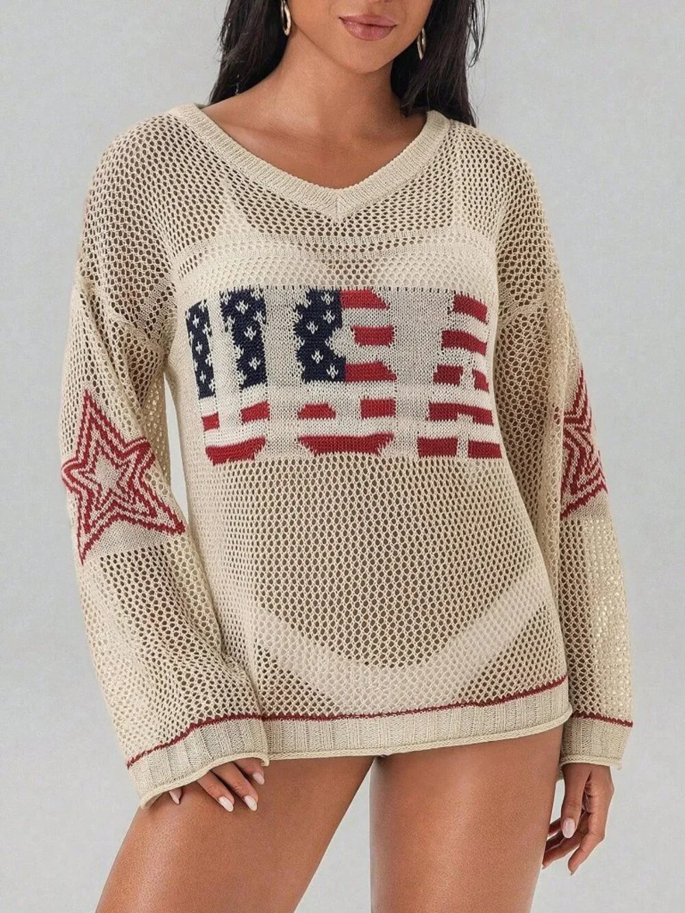 Beige Oversized Knit Women's V-Neck USA Flag Star Print Knit top
